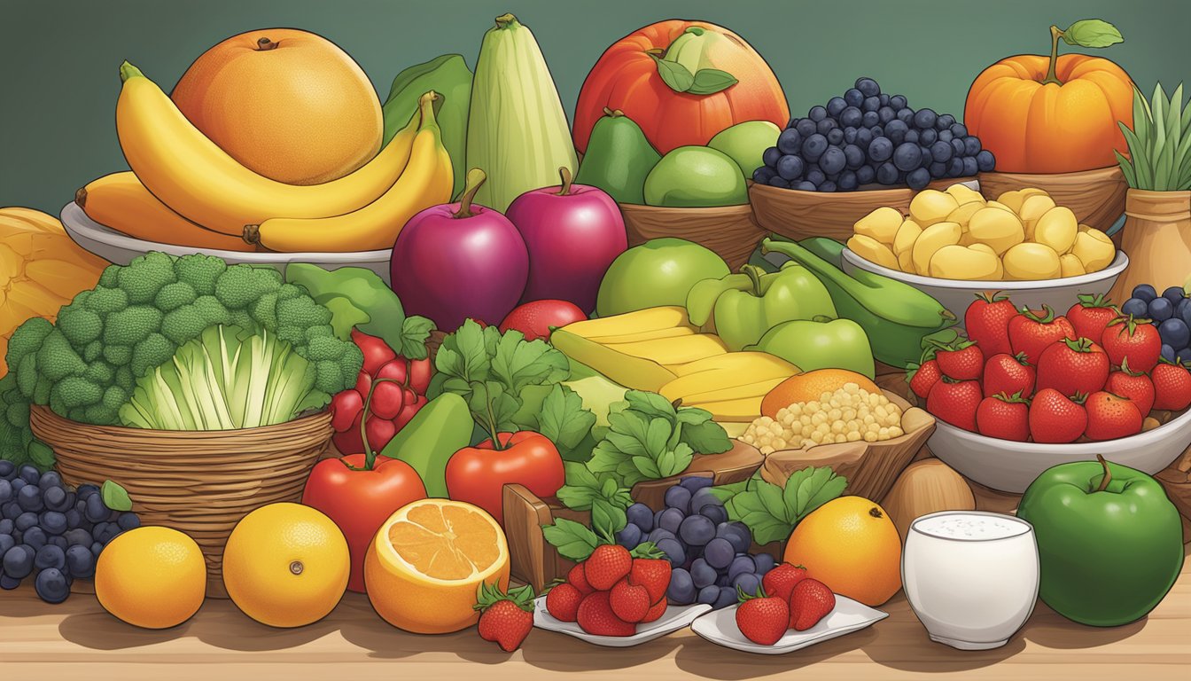 A colorful array of fresh fruits, vegetables, lean proteins, and whole grains displayed on a table at BJ's restaurant