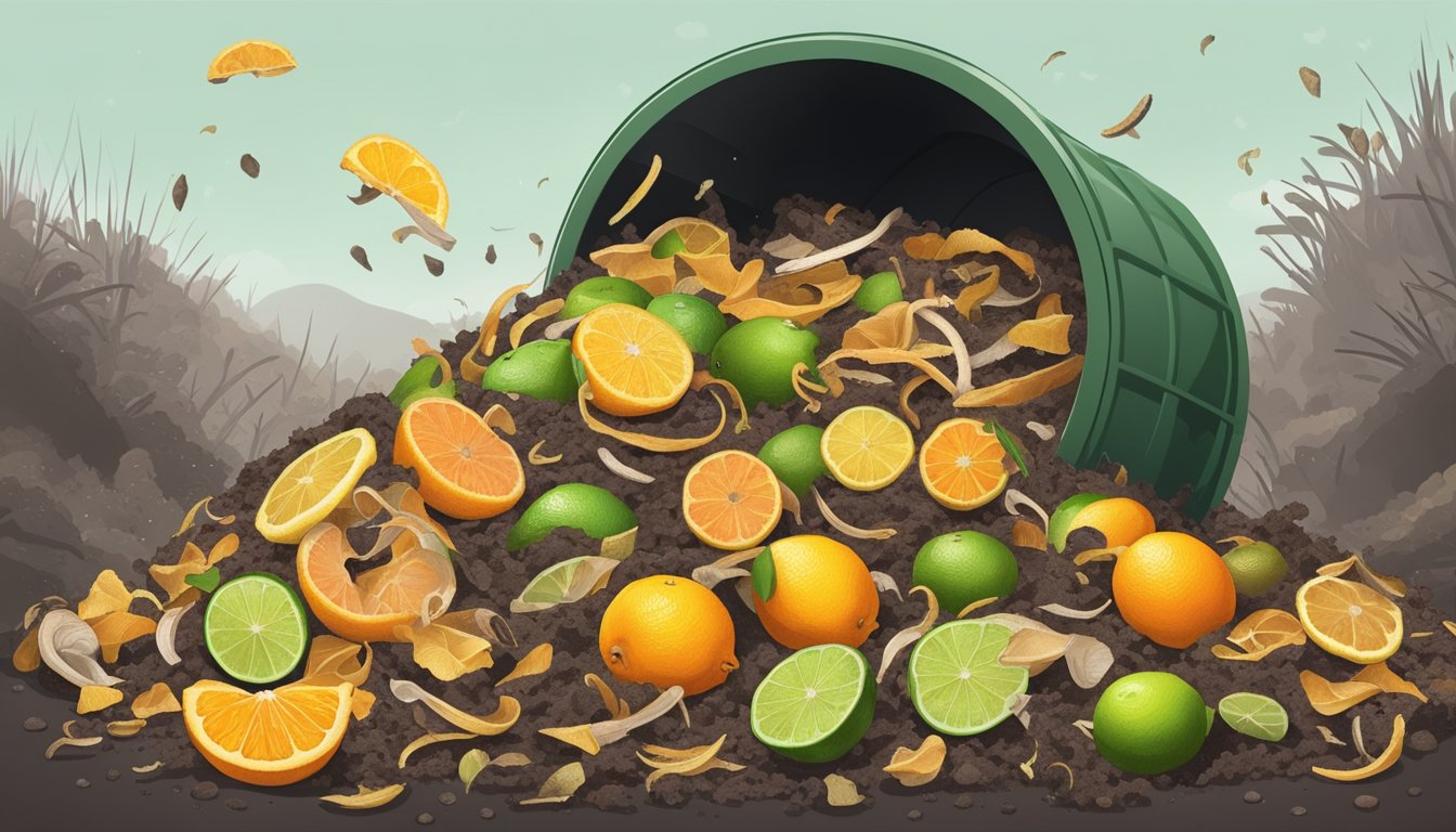 A pile of citrus peels and limescale breaking down in a compost bin, surrounded by earthworms and other decomposers