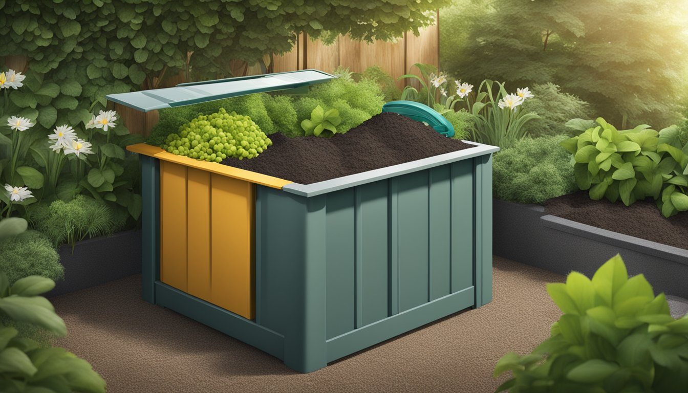 A compost bin with various materials inside, including limescale, surrounded by a garden setting