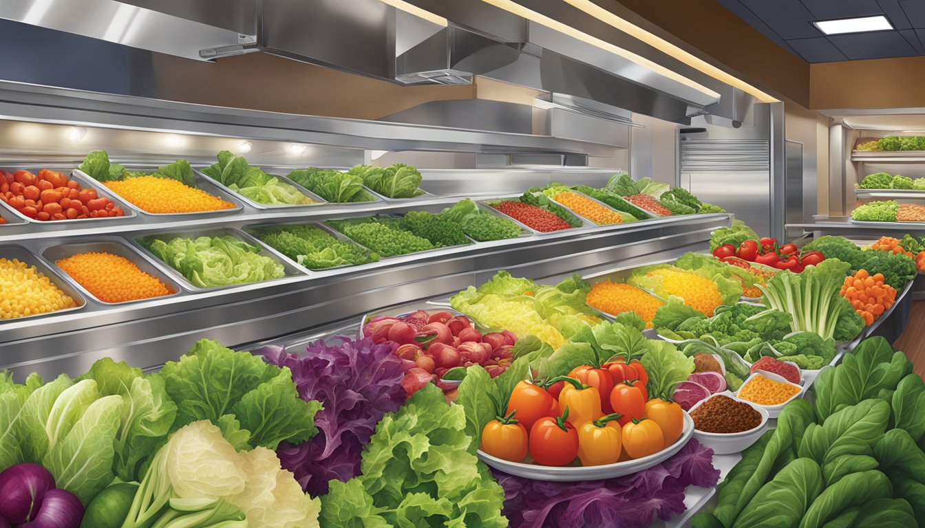 A colorful array of fresh salads and vibrant vegetables displayed under a bright spotlight at BJ's restaurant