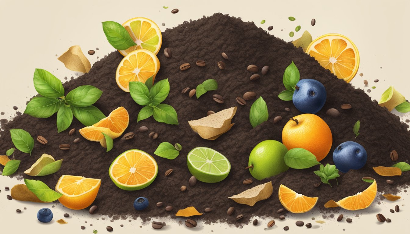 A pile of compost materials, including fruit peels and coffee grounds, with a sprinkling of limescale on top