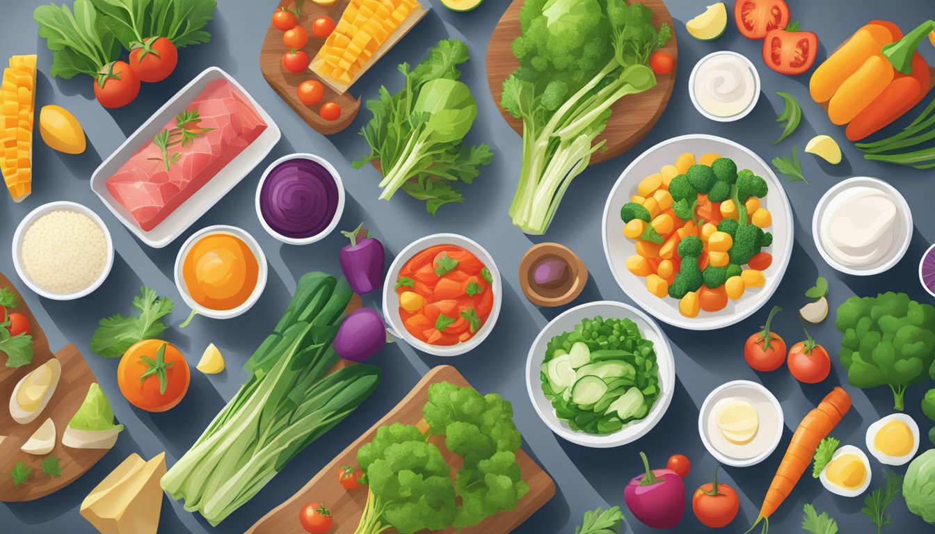 A colorful array of fresh vegetables and lean proteins displayed on a clean, modern countertop at a bustling cafe