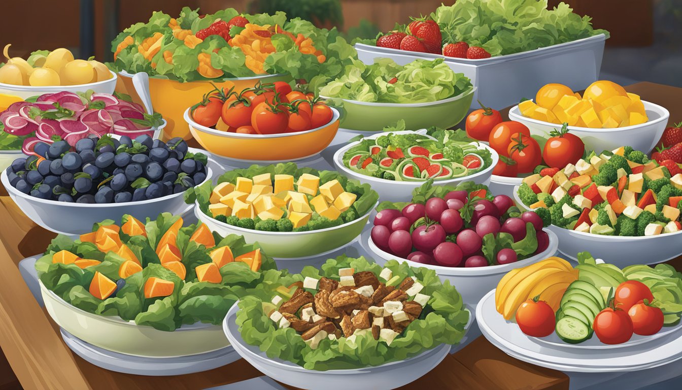 A colorful array of fresh salads, grilled vegetables, and fruit platters displayed on a buffet table at BJ's restaurant