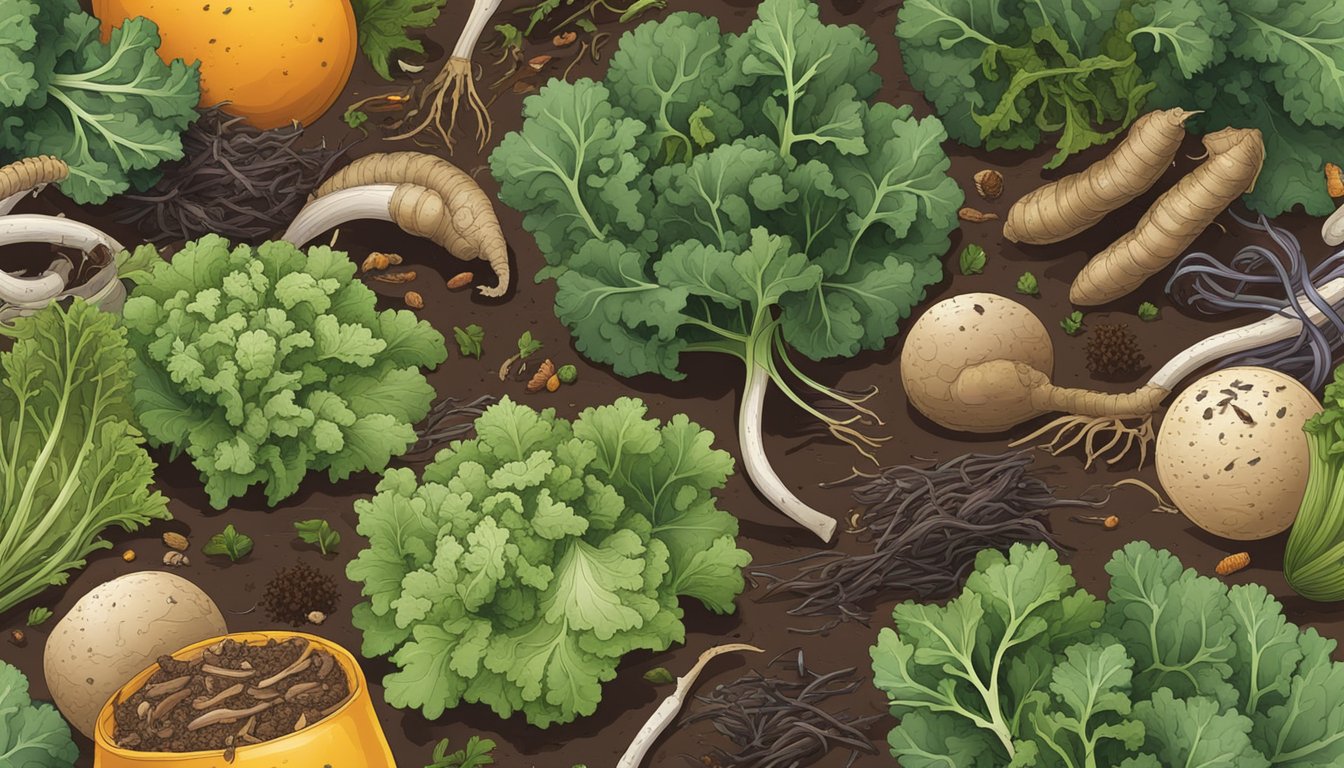 Kale stems tossed onto a compost pile, surrounded by other food scraps and garden debris, with earthworms and insects breaking down the organic matter