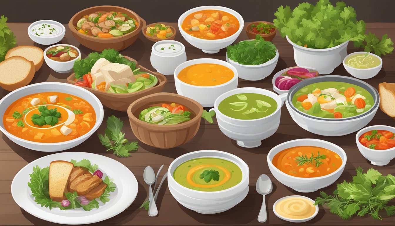 A table set with a variety of colorful soups and main dishes, surrounded by fresh ingredients like vegetables and herbs