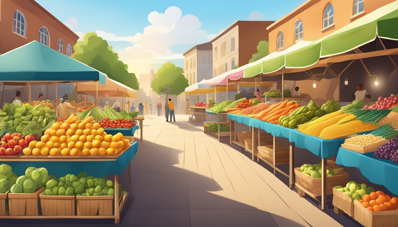 A colorful farmer's market with a variety of fresh fruits, vegetables, and whole grains displayed on tables under a bright, sunny sky