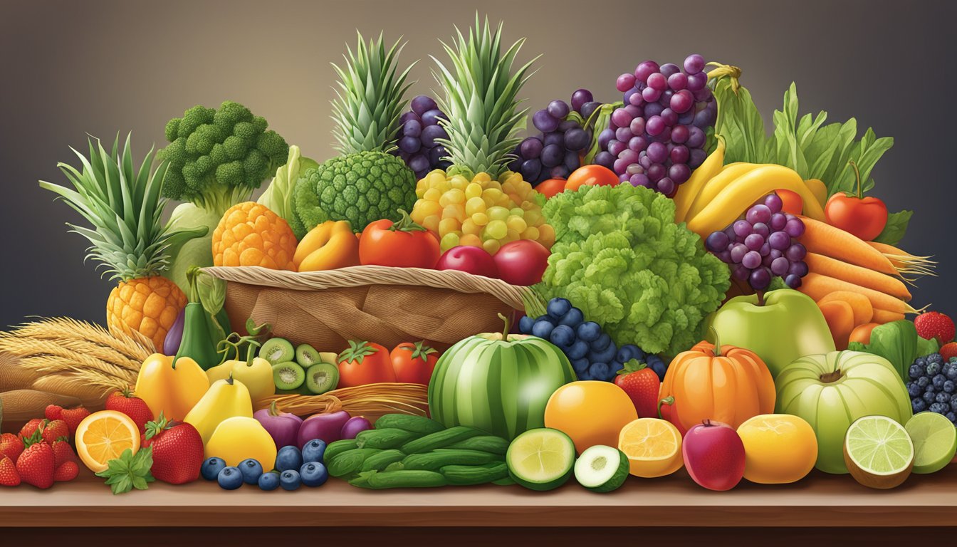 A colorful array of fresh fruits, vegetables, and whole grains displayed on a table at BJ's Restaurant, with a variety of healthy menu options