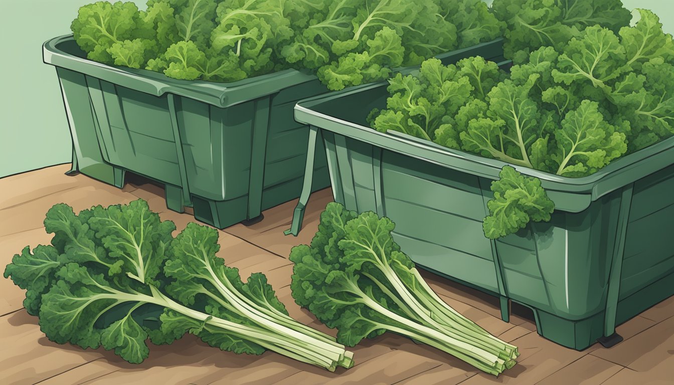 Kale stems being separated from the leaves and placed in a compost bin