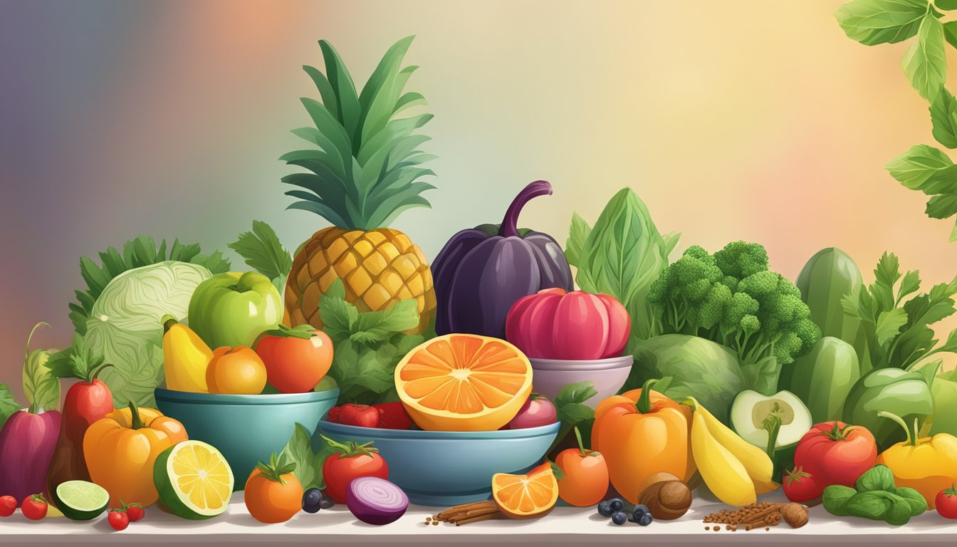 A colorful array of fresh fruits and vegetables arranged on a table, with vibrant herbs and spices in the background