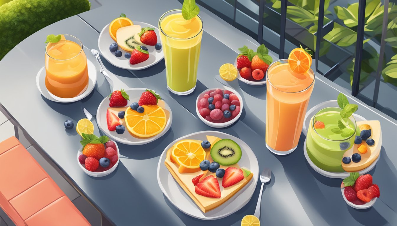 A table with colorful fruit smoothies and fresh fruit tarts on a modern restaurant patio