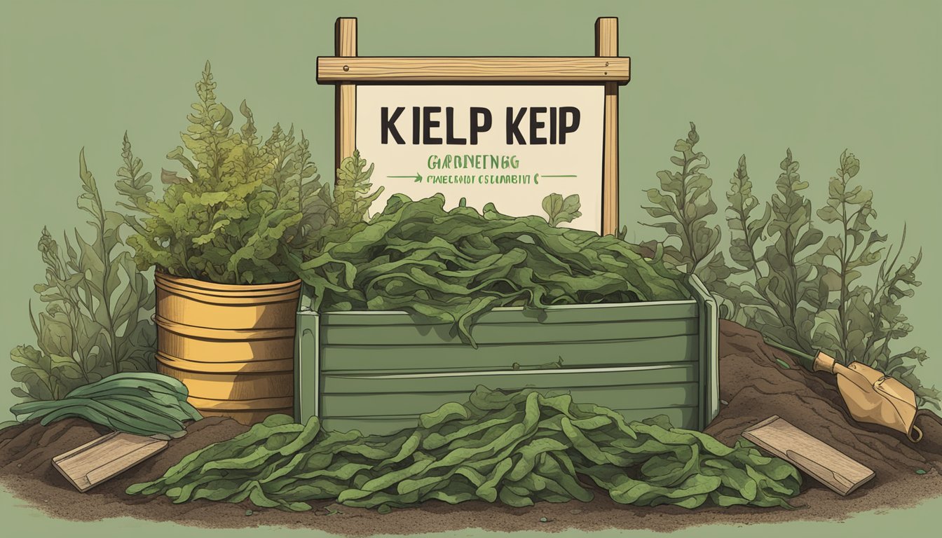 A pile of kelp surrounded by a compost bin, gardening gloves, and a sign with composting instructions