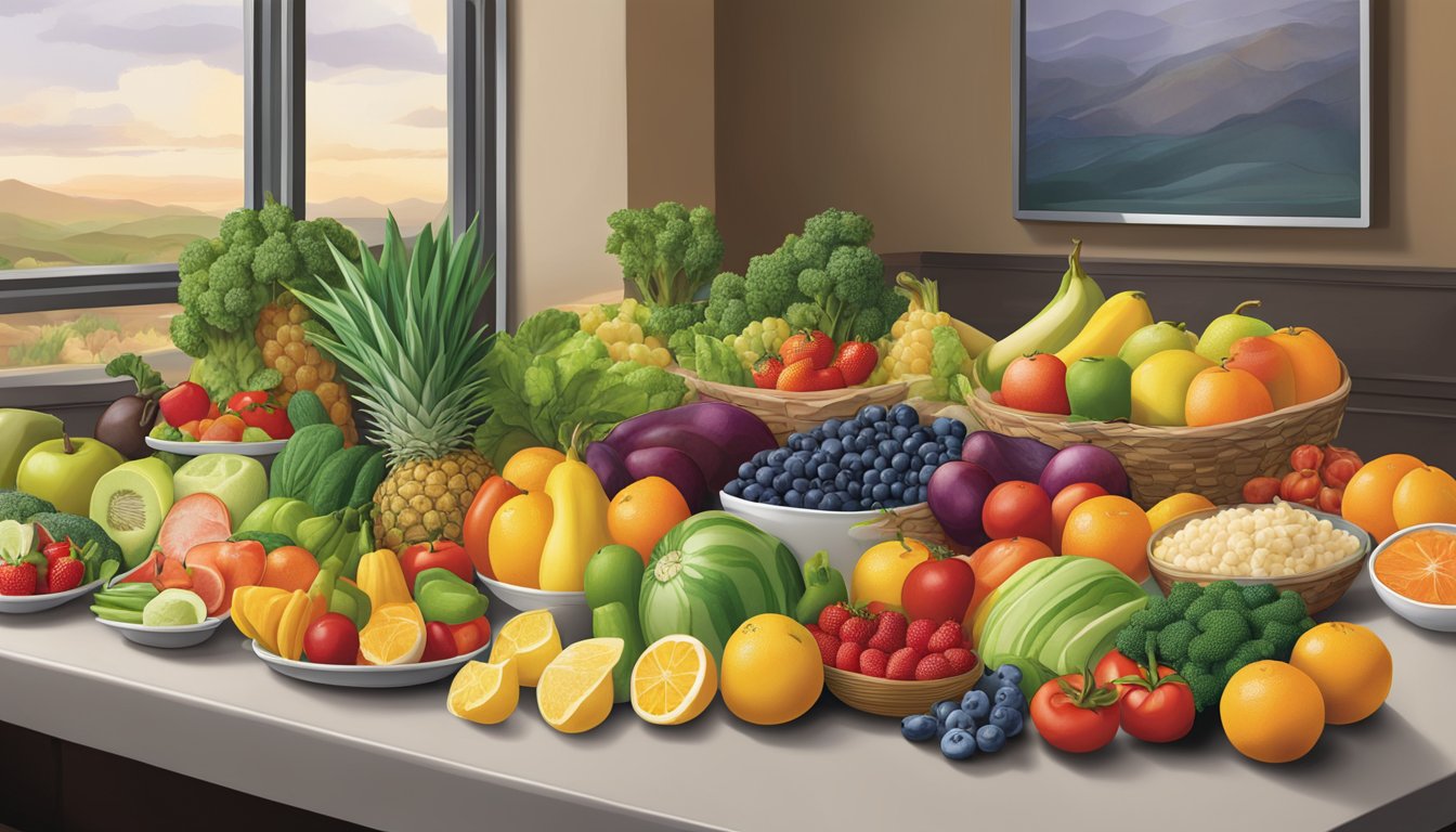 A colorful array of fresh fruits, vegetables, and lean proteins displayed on a table at BJ's restaurant, showcasing the healthy options available for diners