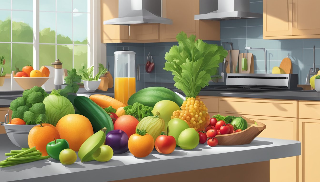 A colorful array of fresh fruits, vegetables, and lean proteins displayed on a clean, modern kitchen counter. A variety of healthy cooking utensils and cookbooks are nearby