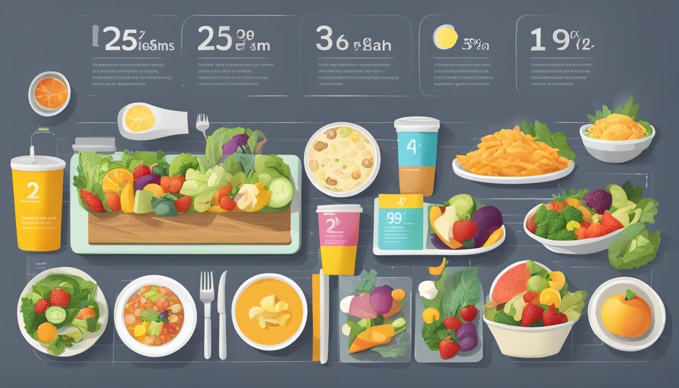 A table with a variety of healthy food options and their corresponding nutritional information displayed on colorful menus