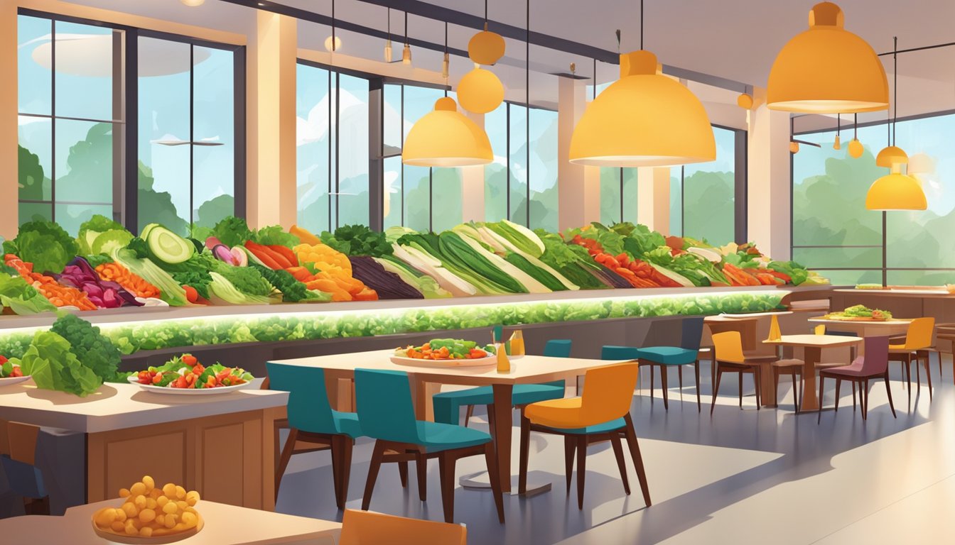 Colorful array of fresh salads, grilled vegetables, and lean proteins on display. Bright, inviting atmosphere with modern furniture and warm lighting