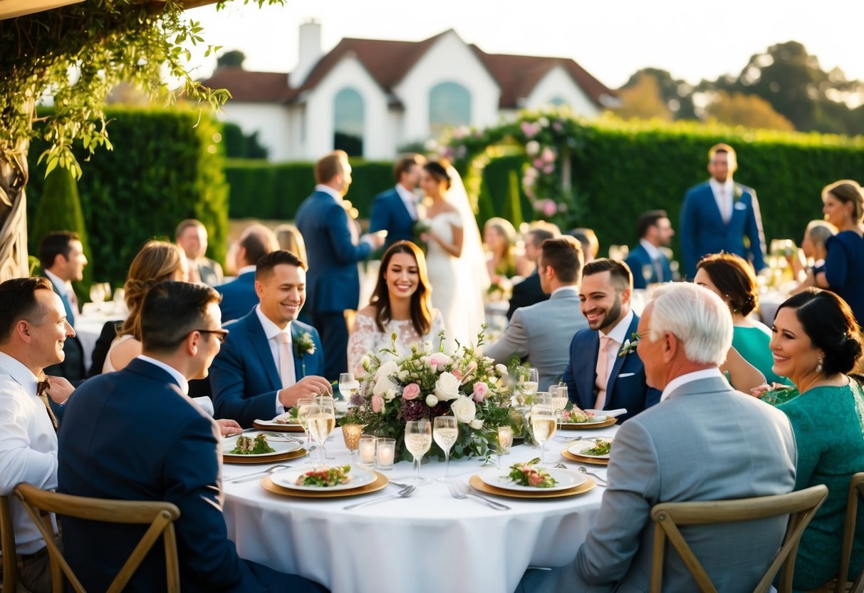 Guests gather around a beautifully decorated outdoor table, enjoying a festive meal with the picturesque destination wedding venue in the background