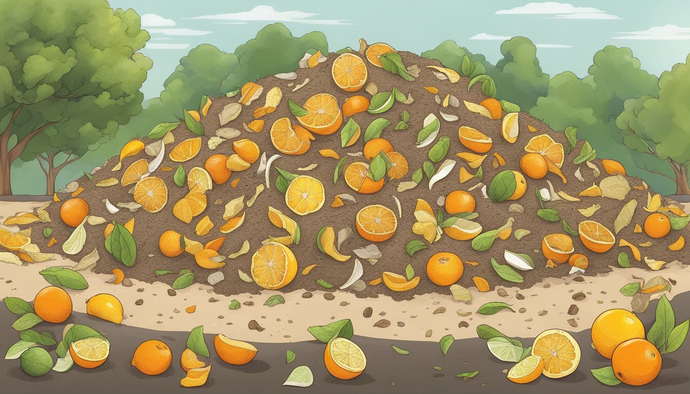 Citrus peels are added to a compost pile, surrounded by organic waste and soil. Microorganisms break down the peels, releasing nutrients into the soil