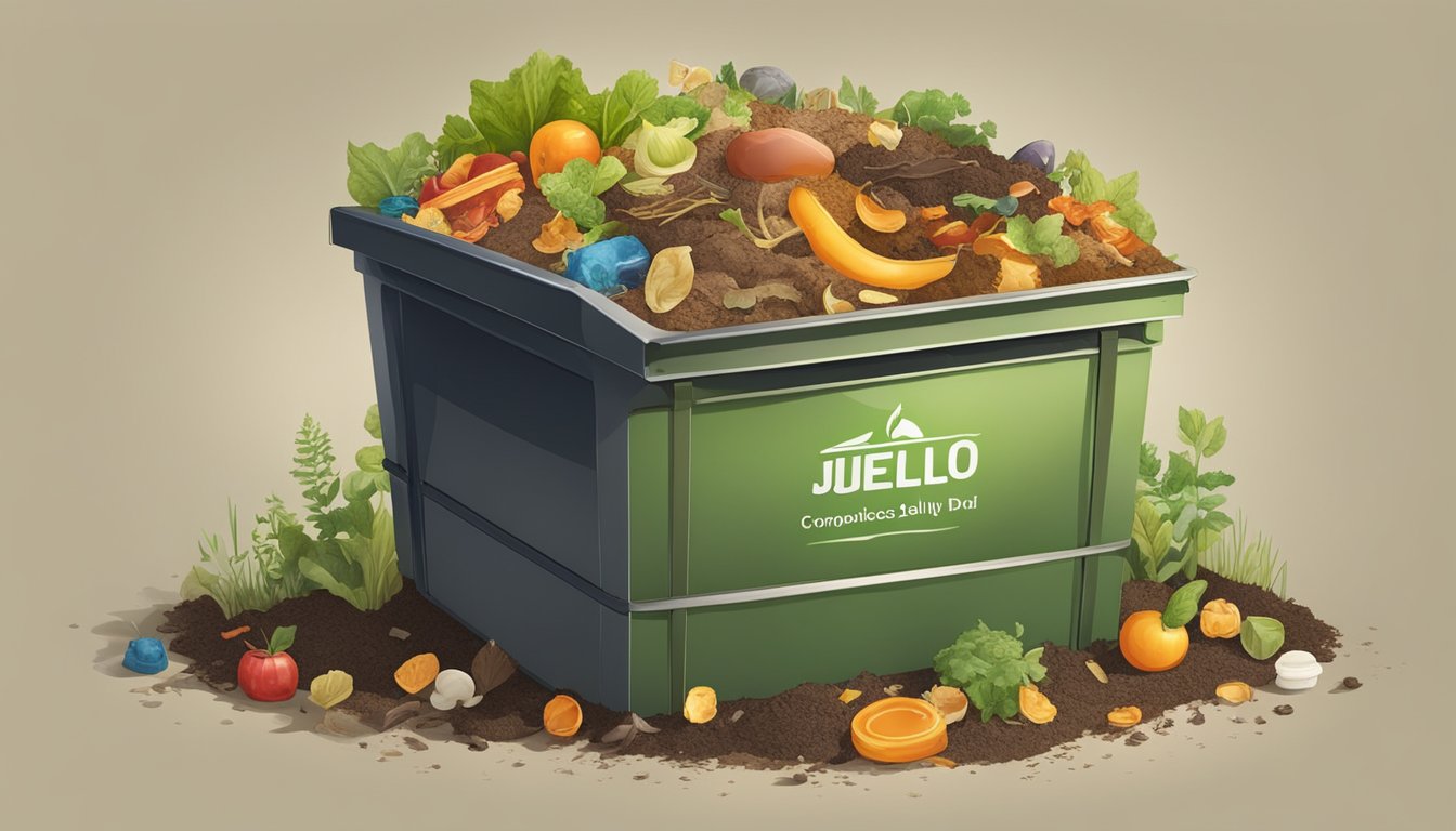 A composting bin with various food scraps, including jelly and jello, surrounded by a mix of organic waste and soil