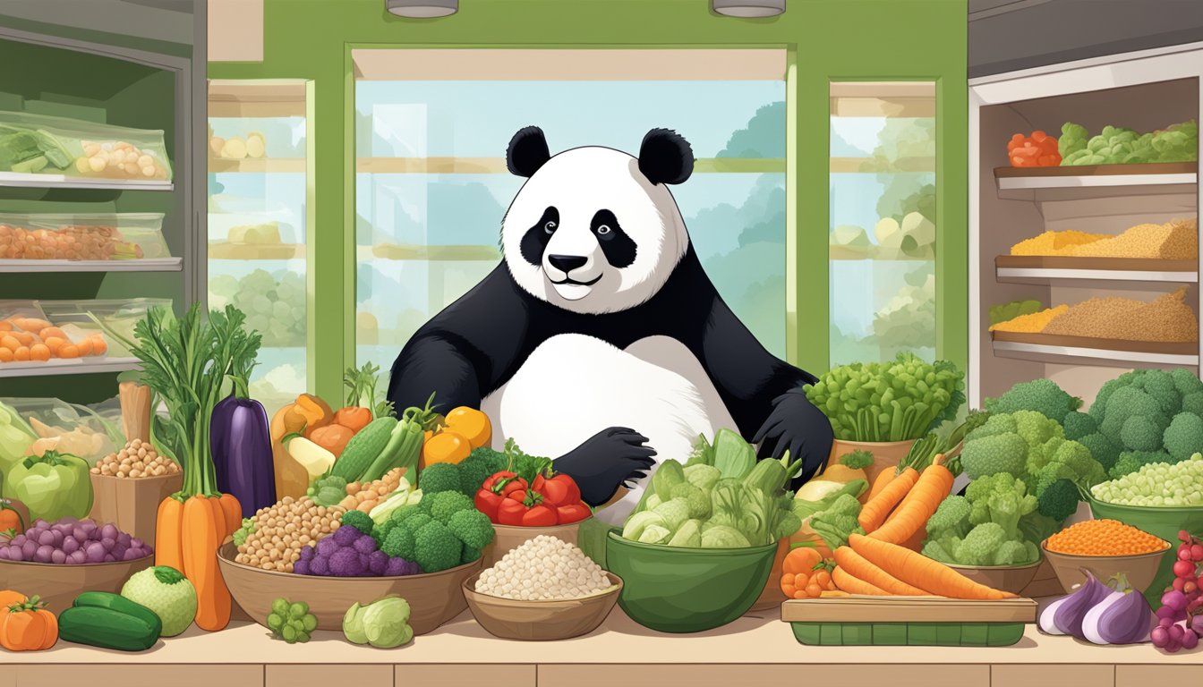 A panda standing in front of a display of various healthy food options, including vegetables, lean proteins, and whole grains