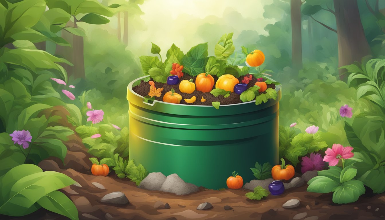 A compost bin with various organic waste, including jelly and jello, surrounded by greenery and soil