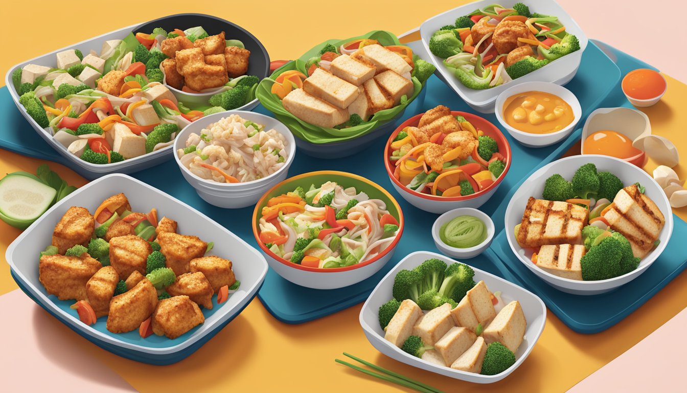 A colorful array of protein-packed dishes from Panda Express, including grilled chicken, steamed vegetables, and tofu, arranged on a vibrant serving platter