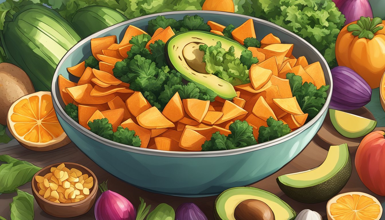 A bowl of crispy, golden-brown chips made from sweet potatoes, avocado, and kale, surrounded by vibrant, fresh vegetables and fruits