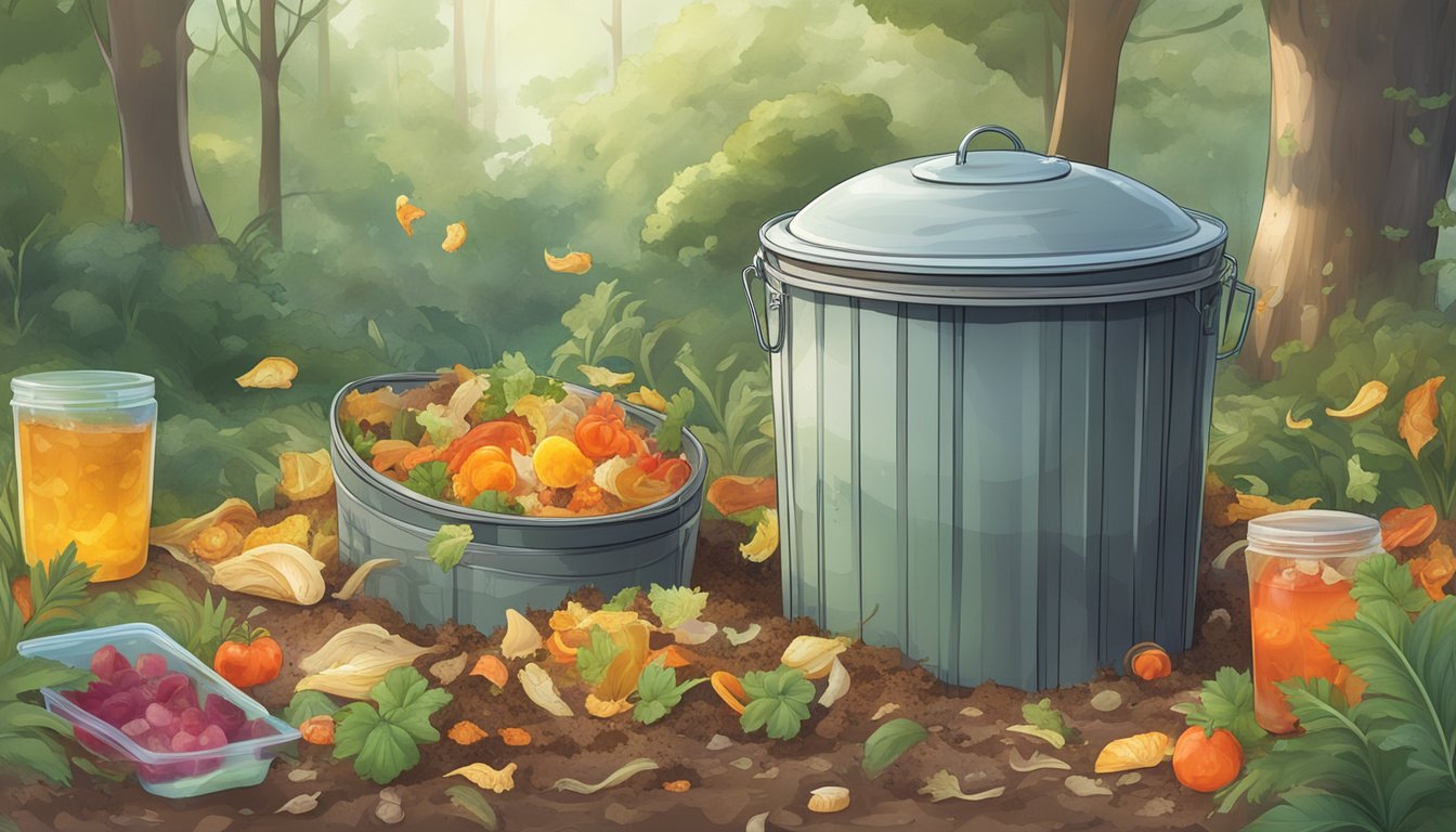 A compost bin filled with various food scraps, including a clear container of jelly and jello, surrounded by decomposing organic matter