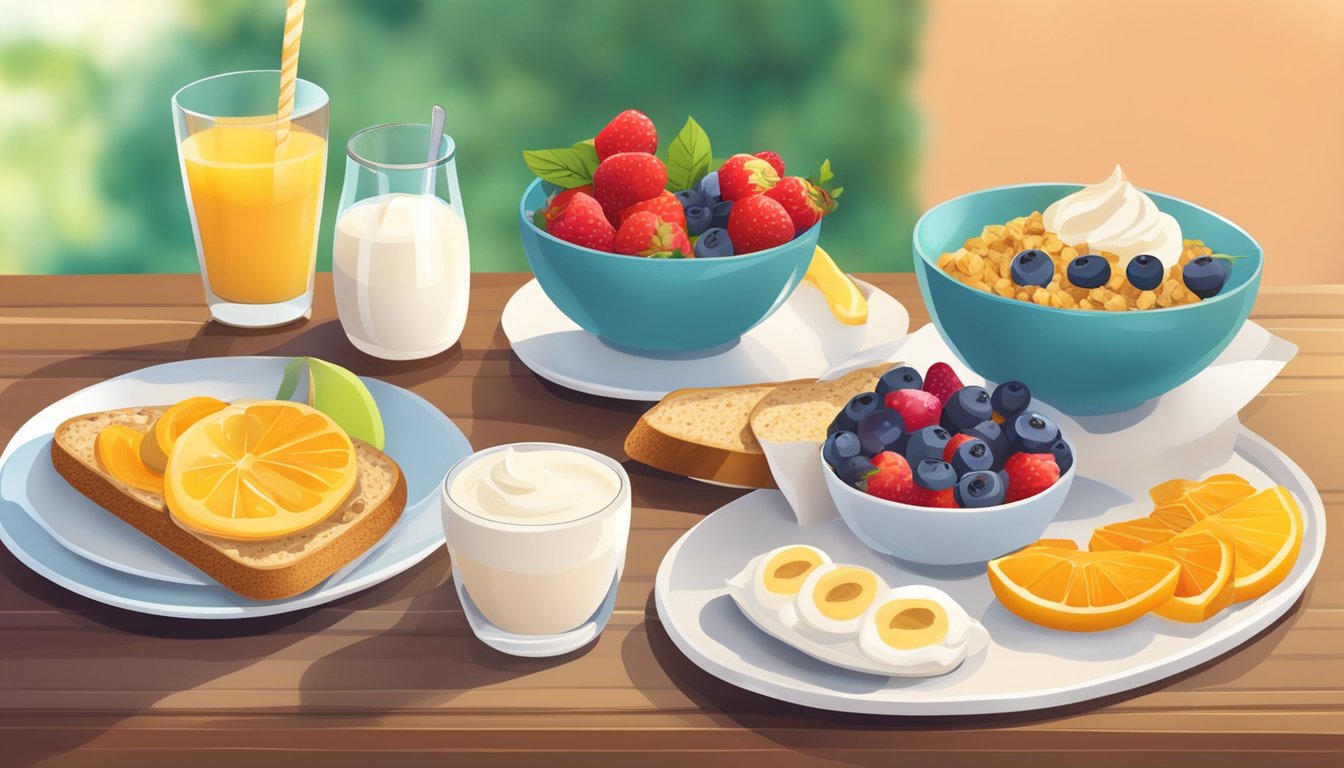 A colorful breakfast spread with fresh fruit, yogurt, granola, and whole grain toast on a table with a bright and inviting atmosphere