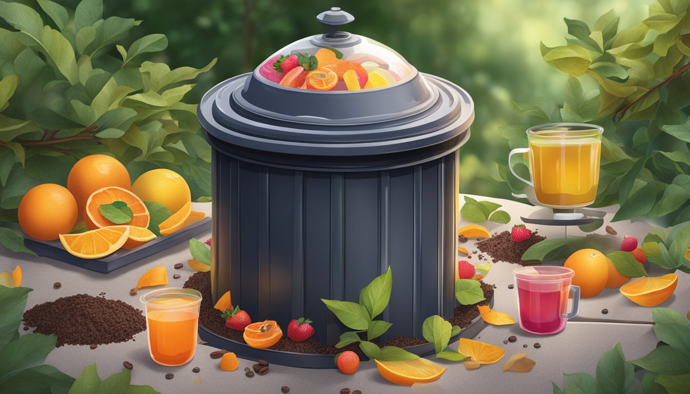 A compost bin filled with discarded jelly and jello, surrounded by fruit peels and coffee grounds