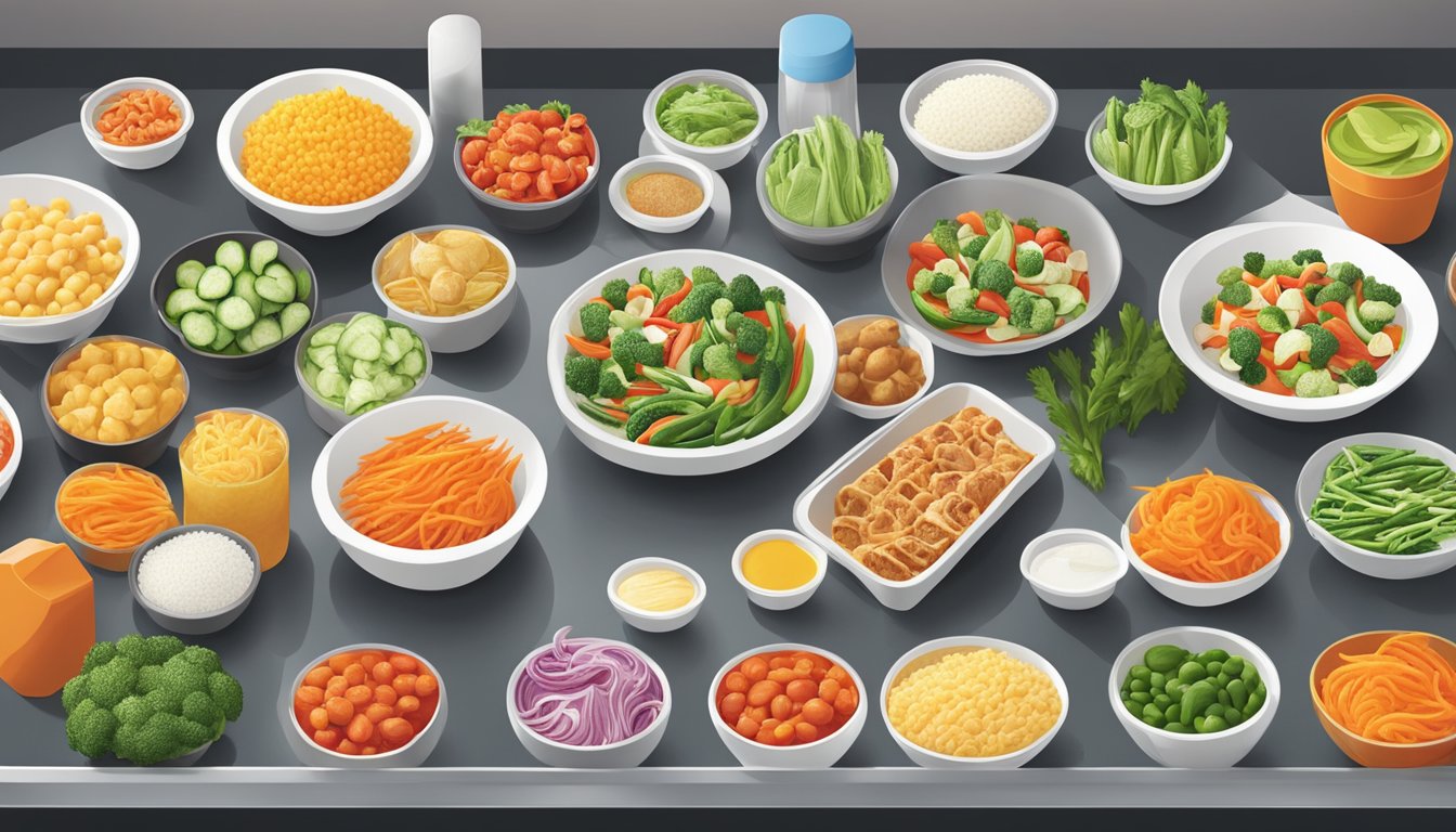 A colorful array of fresh vegetables and lean proteins arranged on a clean, modern serving counter at a Panda Express restaurant