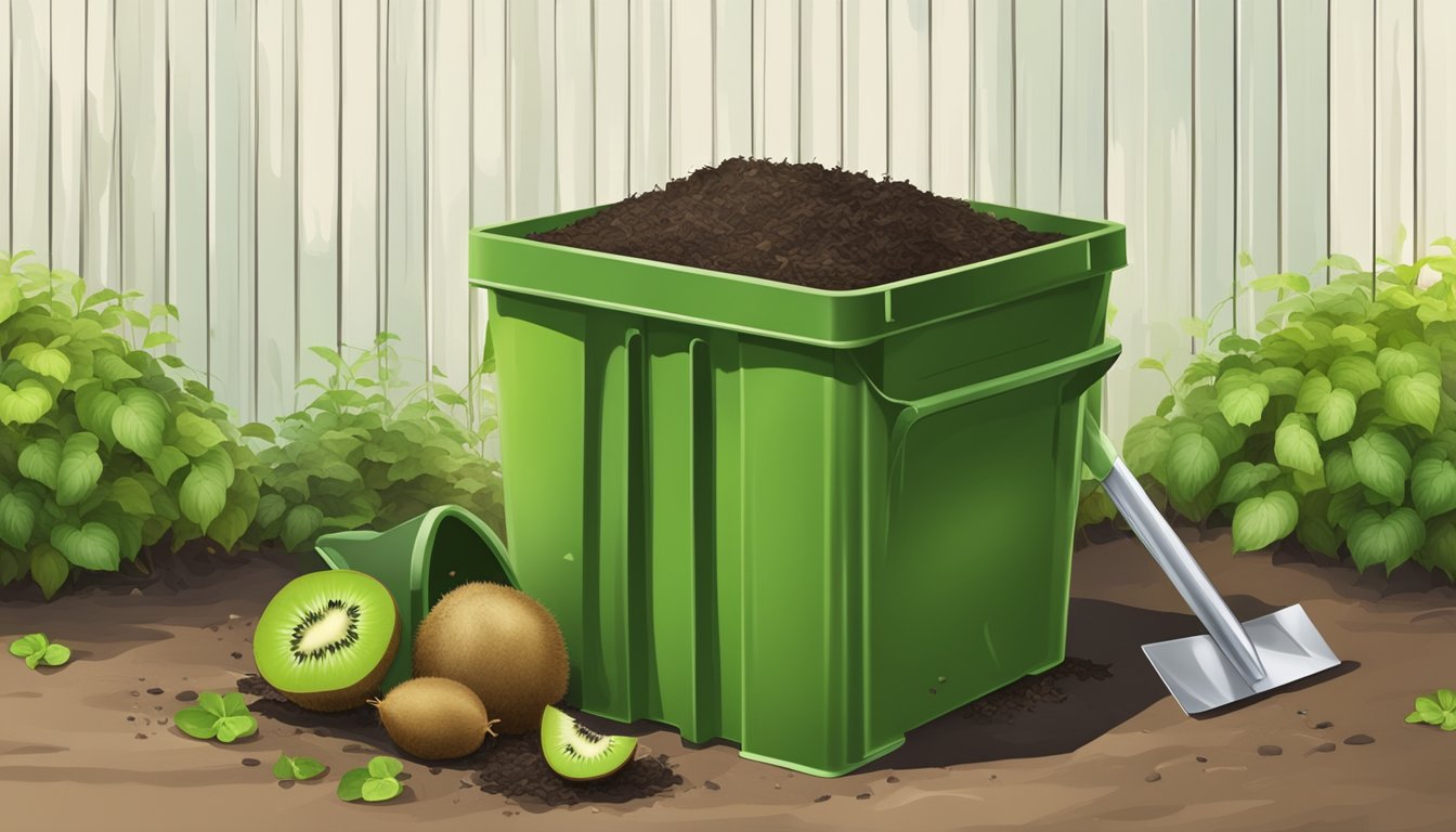 A compost bin with kiwi skins and other organic waste, surrounded by greenery and a small garden shovel