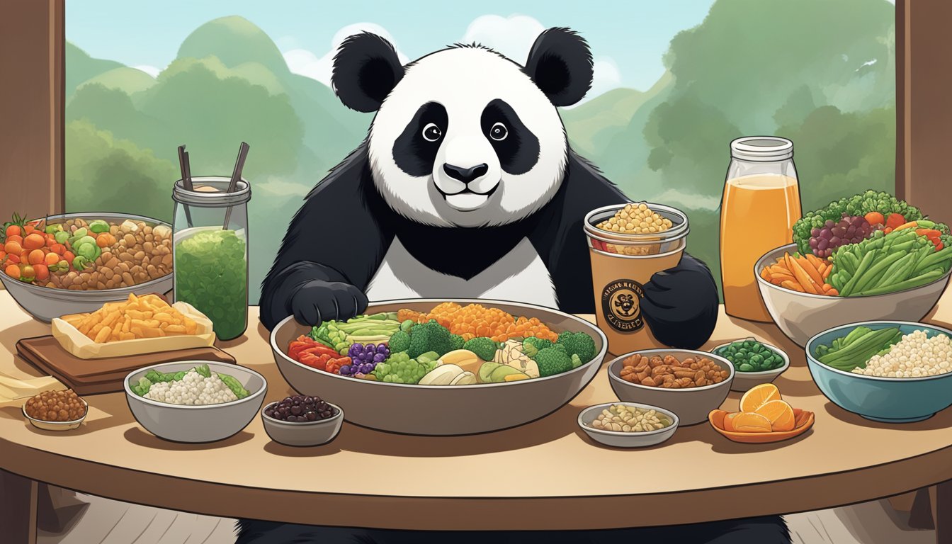 A panda bear sits at a table with a variety of healthy food options from Panda Express, carefully choosing items to accommodate its dietary restrictions