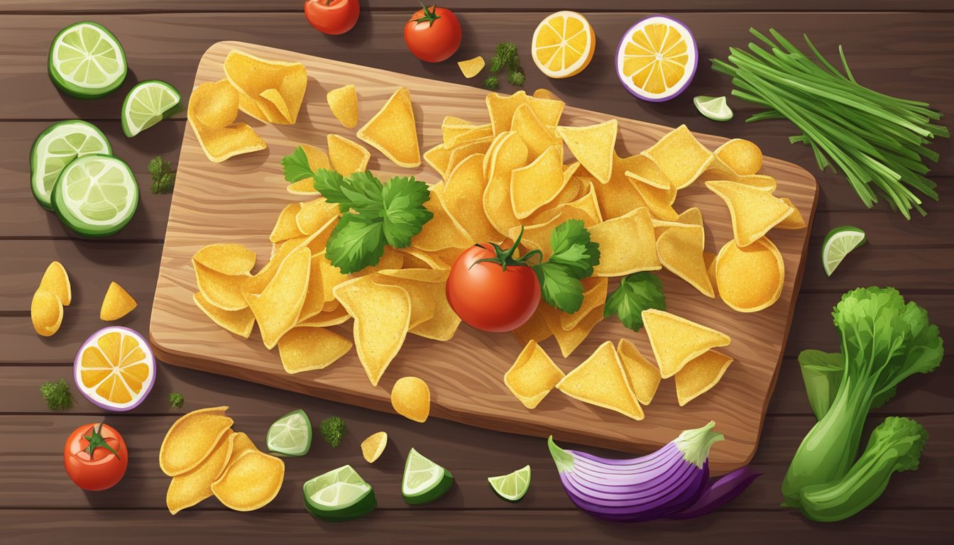 A variety of colorful, crunchy chips arranged on a wooden board with fresh vegetables and herbs scattered around them