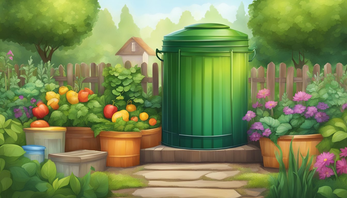 A compost bin with various organic materials, including jelly and jello, surrounded by a lush and well-maintained garden