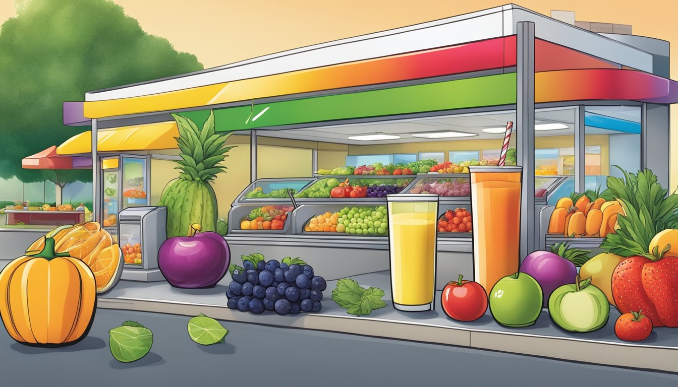 A colorful array of fresh fruits and vegetables displayed next to a variety of smoothies and juices at a vibrant Sonic drive-thru