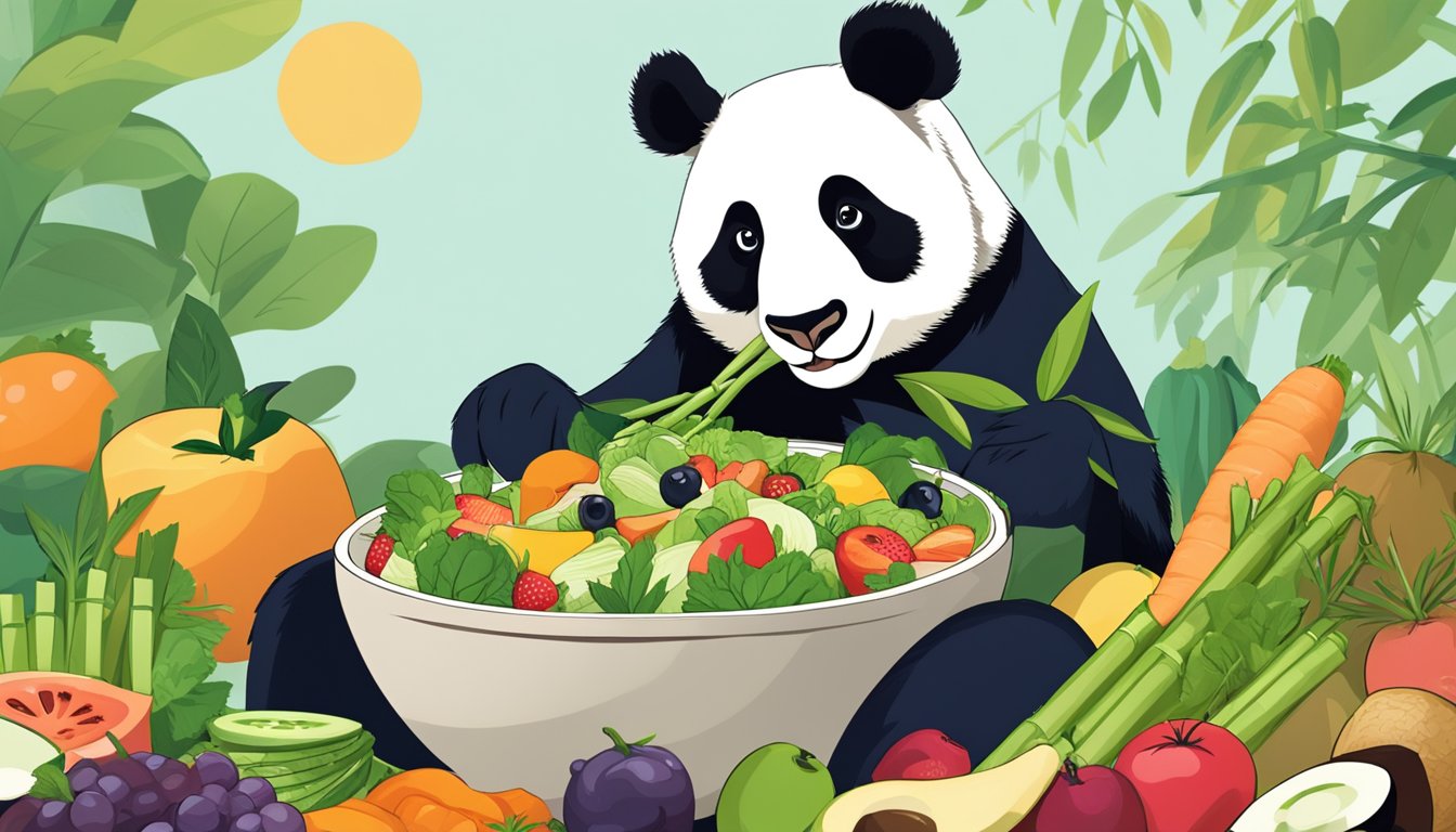 A panda enjoying a fresh bamboo salad from Panda Express, surrounded by colorful fruits and vegetables, as seen on a popular healthy options subreddit