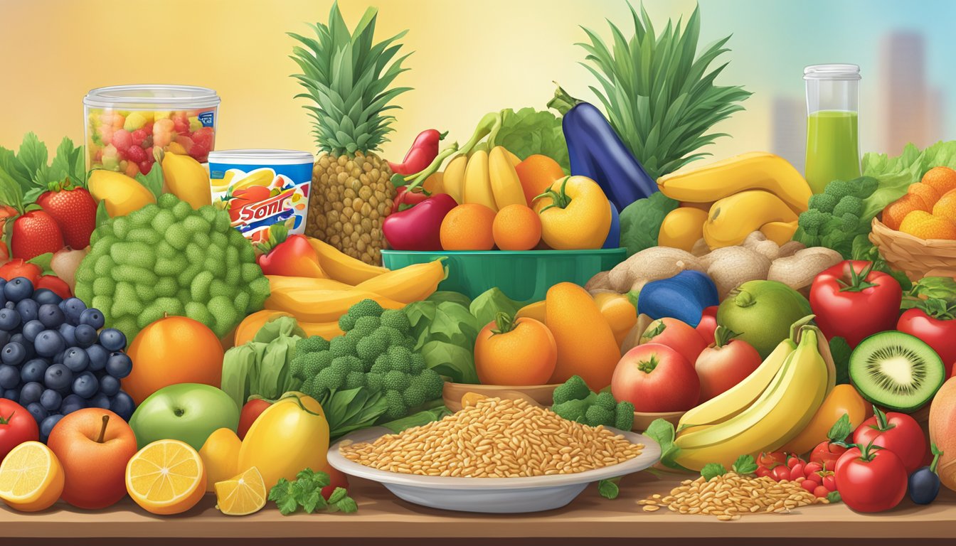 A colorful array of fresh fruits, vegetables, and whole grains arranged on a table, with a Sonic logo in the background