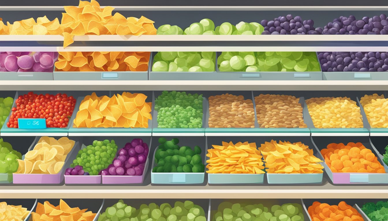 A variety of colorful, crunchy chips displayed next to fresh vegetables and fruits in a well-lit grocery store aisle