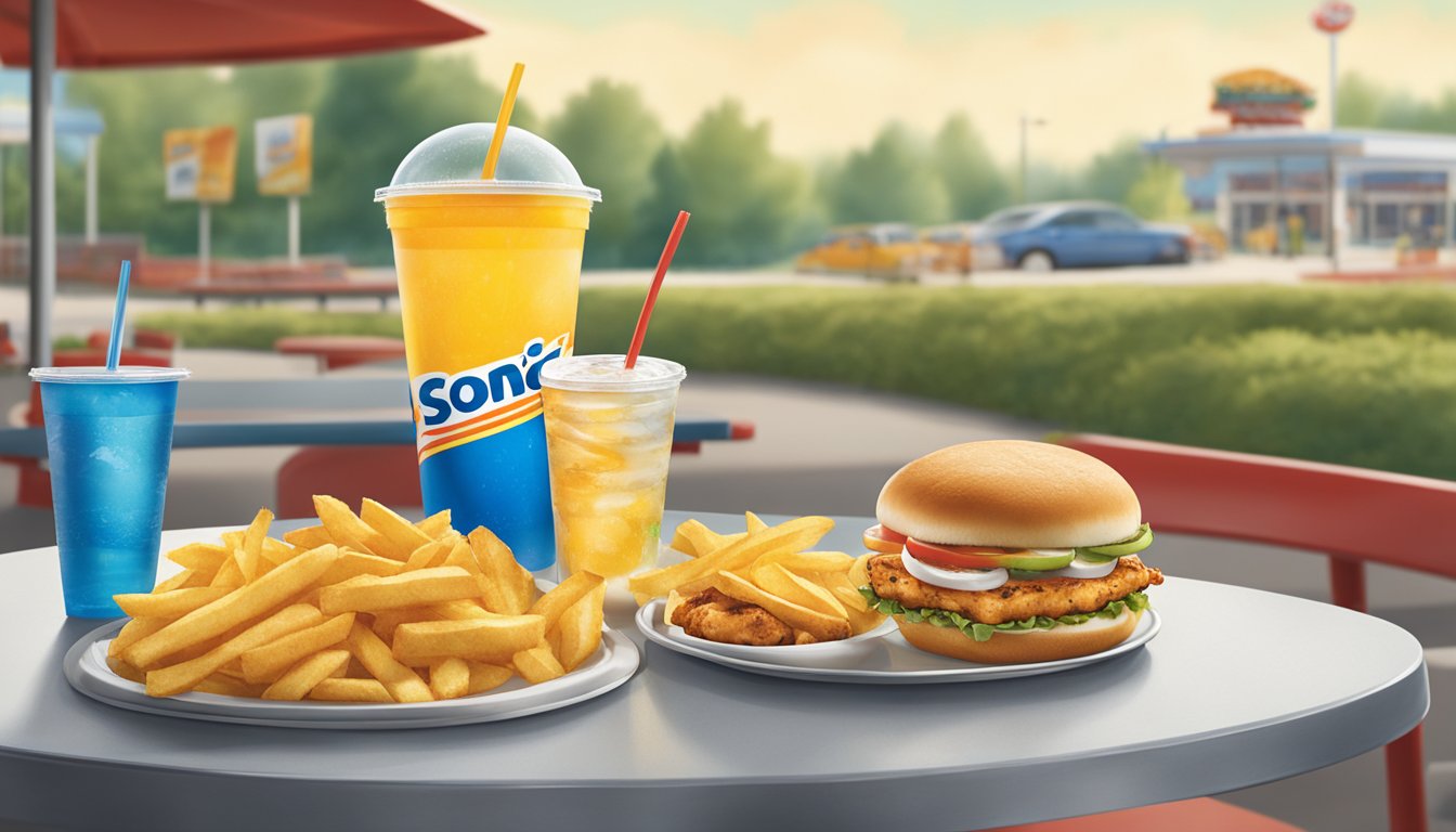 A table at Sonic Drive-In with a tray of grilled chicken sandwich, fruit cup, and water