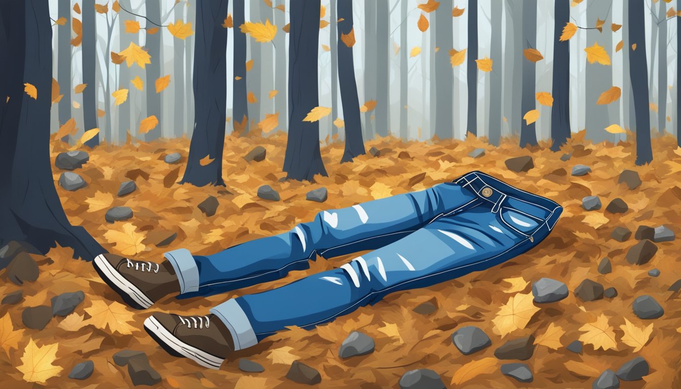 A pair of blue jeans lies crumpled on a bed of fallen leaves in a forest clearing, surrounded by twigs and small rocks