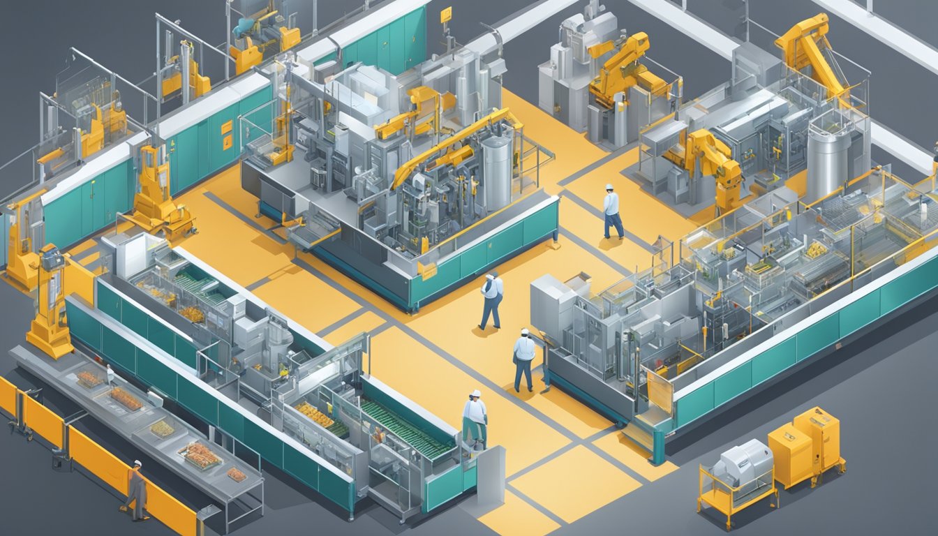 A modern factory floor with automated machinery producing a variety of healthy chip options, surrounded by safety barriers and warning signs