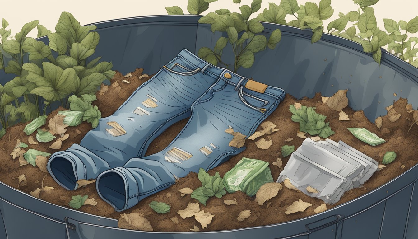 A pair of jeans being placed in a compost bin surrounded by organic waste and decomposing materials