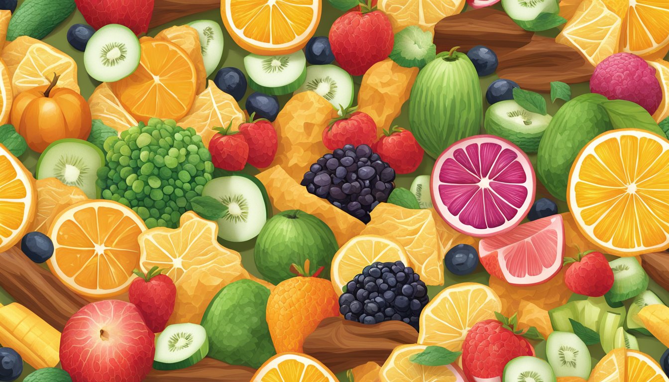 A variety of colorful, crunchy vegetable and fruit chips are arranged in an eye-catching display, showcasing the latest trends and innovations in healthy snacking options