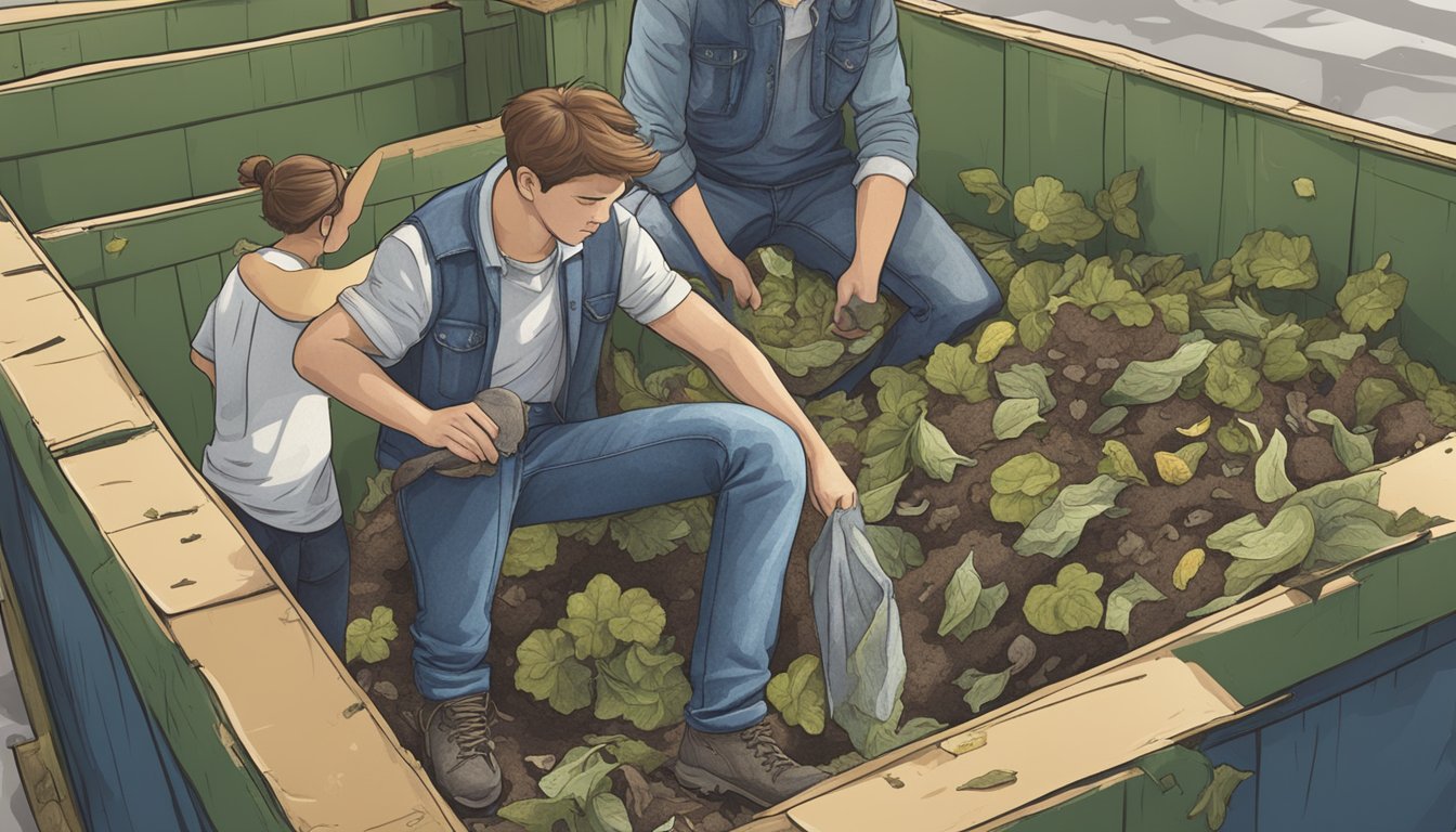 A pair of worn jeans being placed in a compost bin surrounded by organic waste and decomposing materials