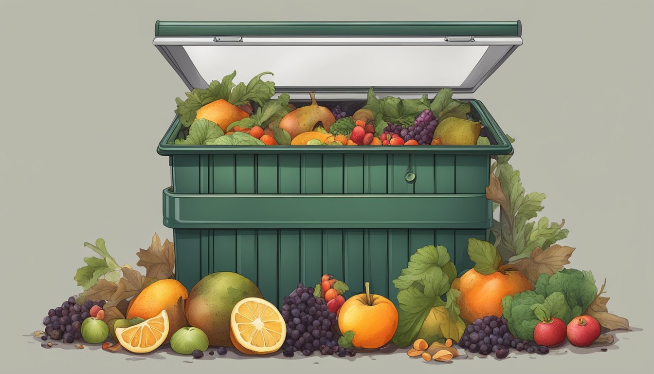 An open composting bin with a jar of jam inside, surrounded by rotting fruits and vegetable scraps