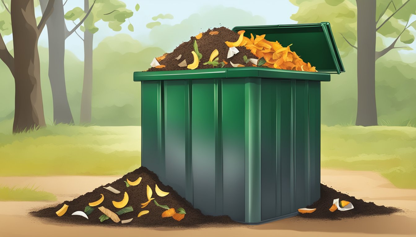 A compost bin with a mix of organic waste, including fruit peels, coffee grounds, and used tissues