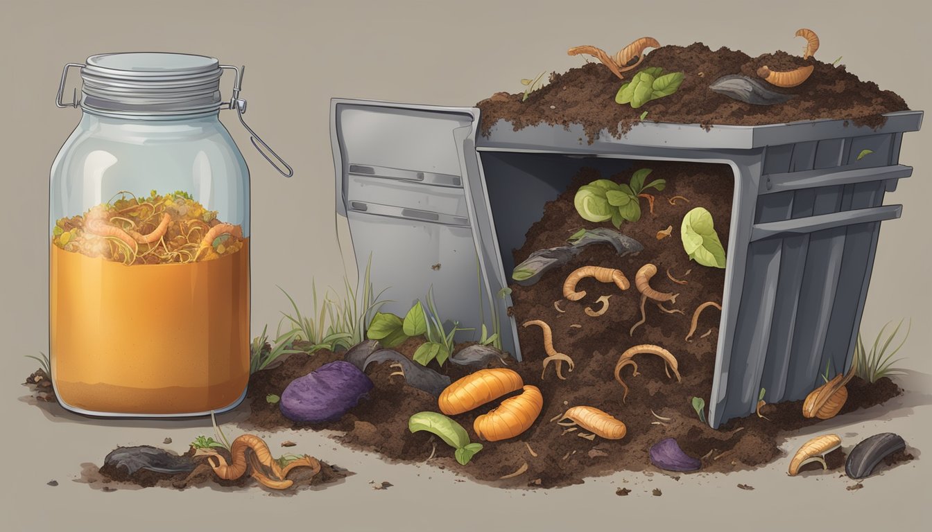 A compost bin filled with various food scraps, including a small jar of jam, surrounded by earthworms and decomposing organic matter