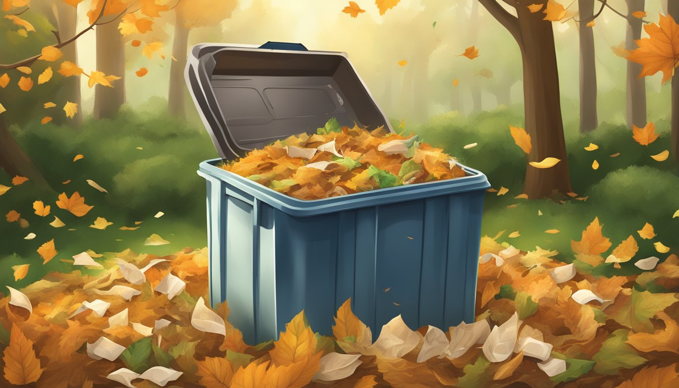 A compost bin filled with organic waste, including used kleenex tissues. Fallen leaves and other biodegradable materials surround the bin