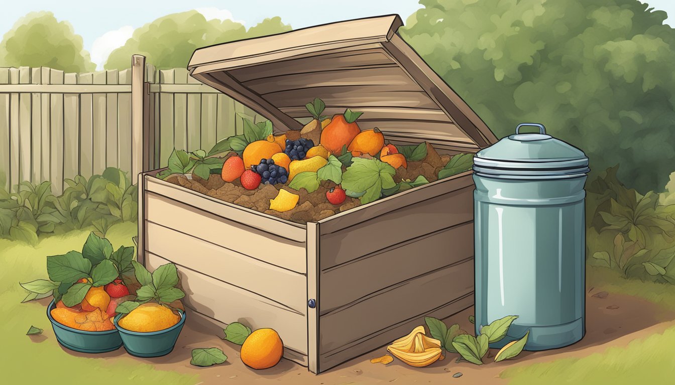 A compost bin filled with organic waste, including a jar of leftover jam and fruit peels