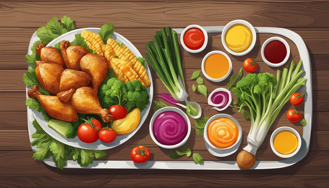 A colorful spread of fresh vegetables, lean grilled chicken, and vibrant sauces arranged on a rustic wooden table